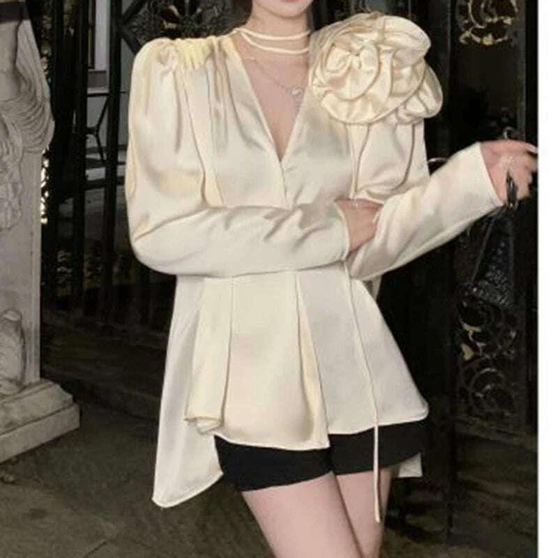 KIMLUD, French style retro fashion three-dimensional flower decoration V-neck shirt 2023 spring high blusas, KIMLUD Womens Clothes