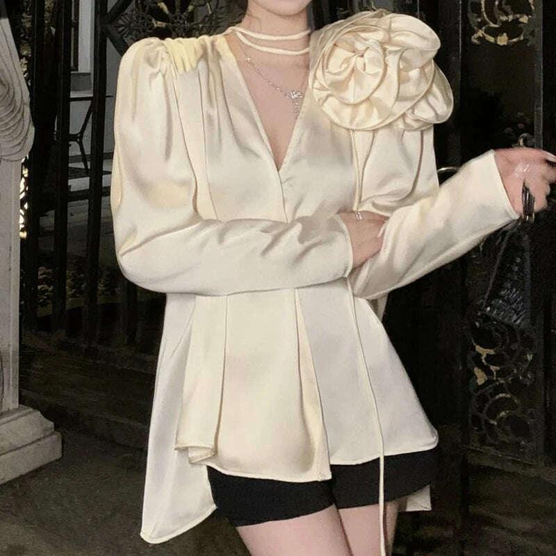 KIMLUD, French style retro fashion three-dimensional flower decoration V-neck shirt 2023 spring high blusas, KIMLUD Womens Clothes