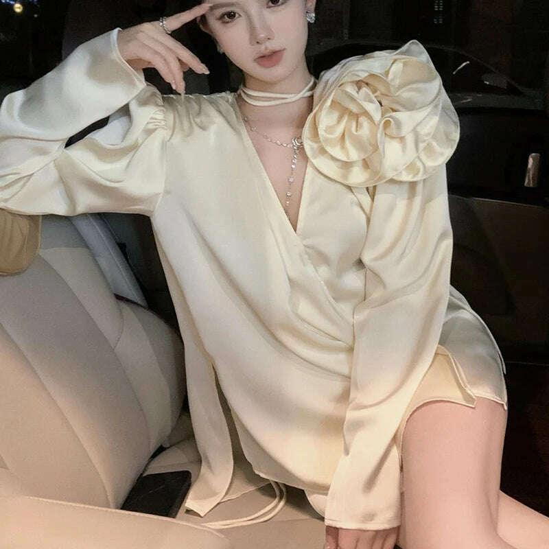 KIMLUD, French style retro fashion three-dimensional flower decoration V-neck shirt 2023 spring high blusas, KIMLUD Womens Clothes