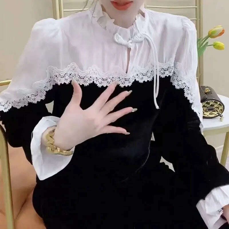 French Style Vintage Lace Patchwork Shirt Autumn Winter Stand Collar Female Clothing Stylish Chinese Disc Buckle Velvet Blouse - KIMLUD