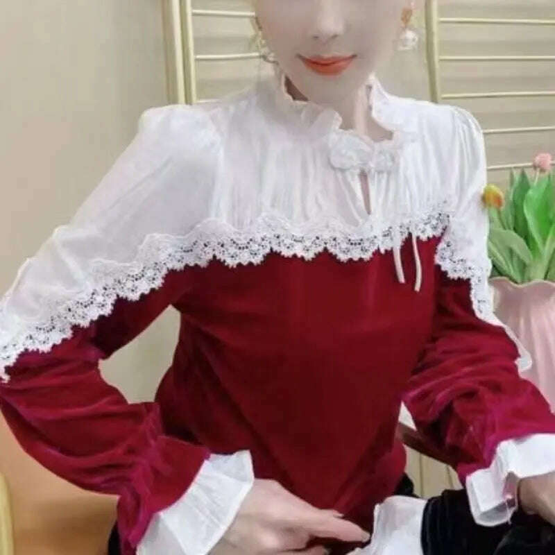 French Style Vintage Lace Patchwork Shirt Autumn Winter Stand Collar Female Clothing Stylish Chinese Disc Buckle Velvet Blouse - KIMLUD