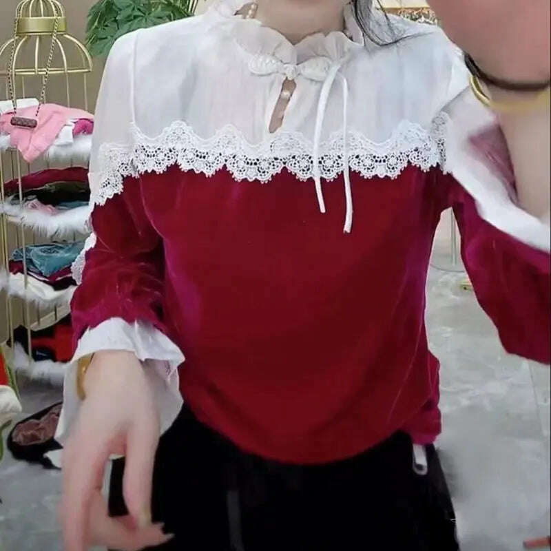 French Style Vintage Lace Patchwork Shirt Autumn Winter Stand Collar Female Clothing Stylish Chinese Disc Buckle Velvet Blouse - KIMLUD