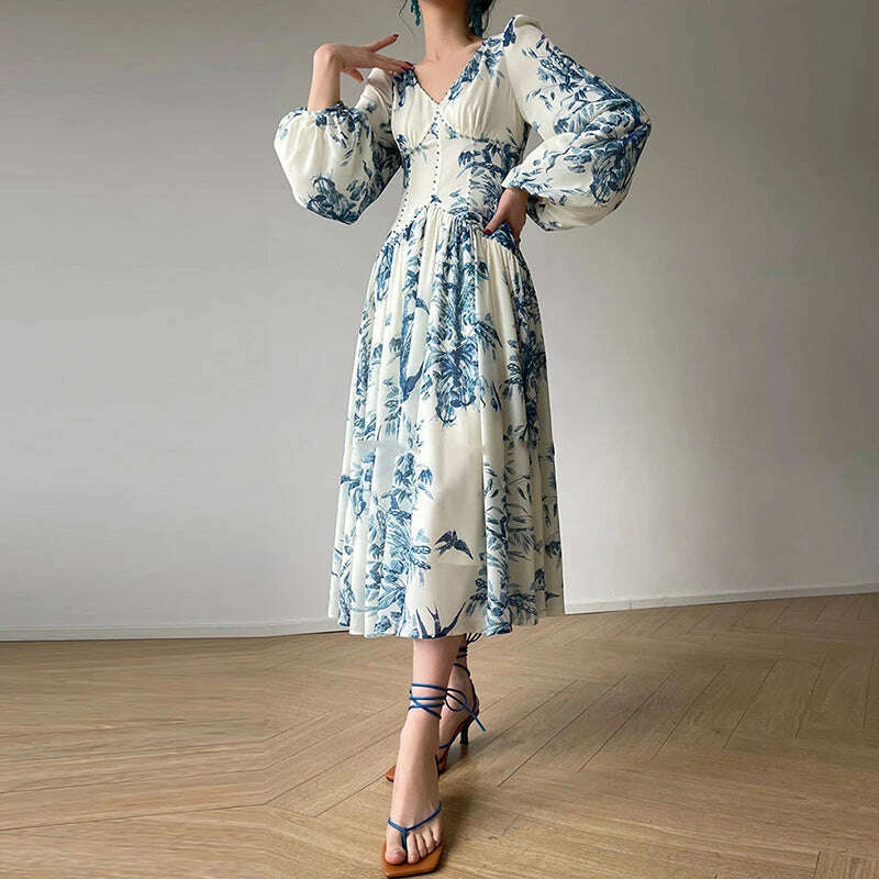 KIMLUD, French Vintage Dress Women 2024 Spring V Neck Beaded Empire Chiffon Long Dress Autumn Printed Lantern Sleeve Hem Boho Maxi Dress, KIMLUD Womens Clothes