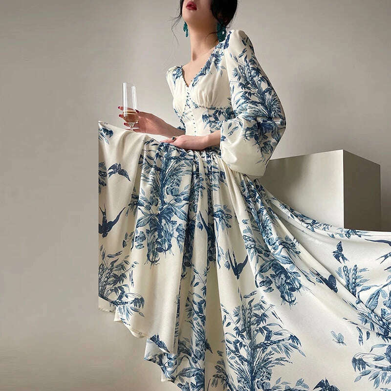 KIMLUD, French Vintage Dress Women 2024 Spring V Neck Beaded Empire Chiffon Long Dress Autumn Printed Lantern Sleeve Hem Boho Maxi Dress, KIMLUD Womens Clothes