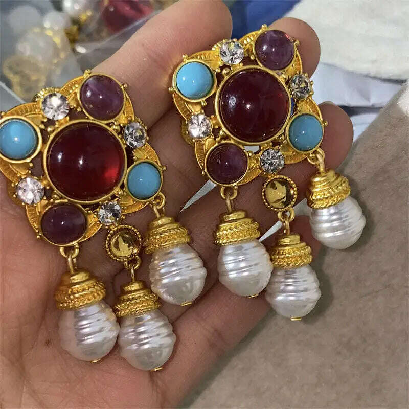 KIMLUD, French vintage fashion earrings for women court style dangling earrings, WHITE, KIMLUD APPAREL - Womens Clothes