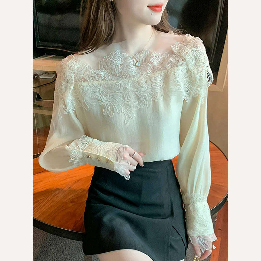 French Vintage Floral Blouses Women Long Sleeve O-Neck Shirts Lace Shirts Famale Sexy Lace Elegant Tops Ladies 2023 - KIMLUD