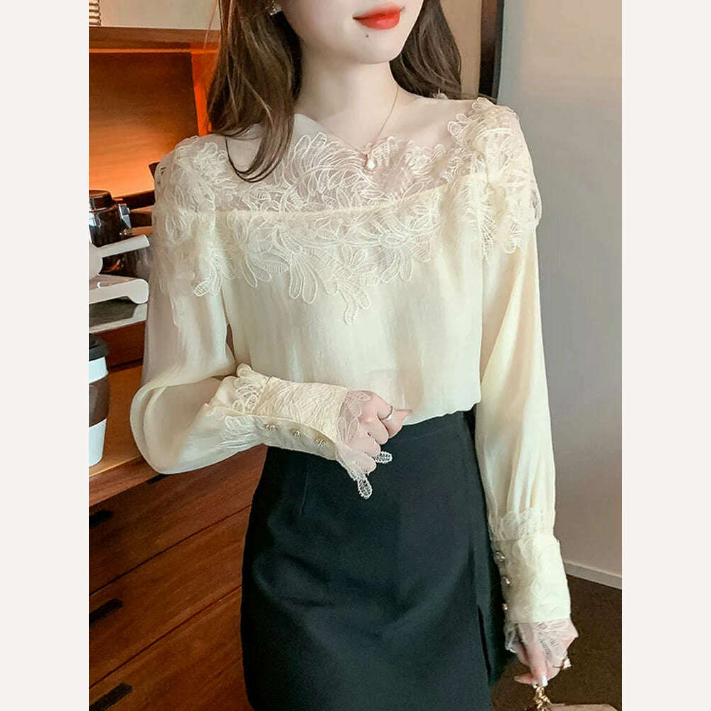 French Vintage Floral Blouses Women Long Sleeve O-Neck Shirts Lace Shirts Famale Sexy Lace Elegant Tops Ladies 2023 - KIMLUD