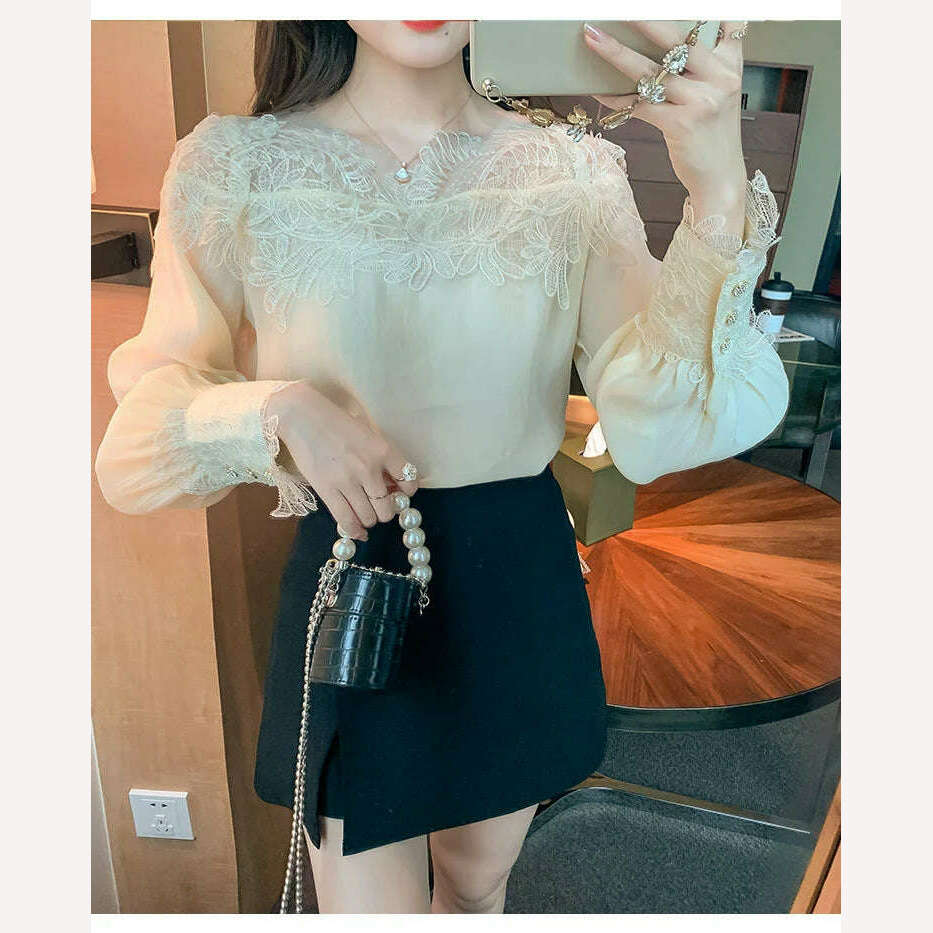 French Vintage Floral Blouses Women Long Sleeve O-Neck Shirts Lace Shirts Famale Sexy Lace Elegant Tops Ladies 2023 - KIMLUD