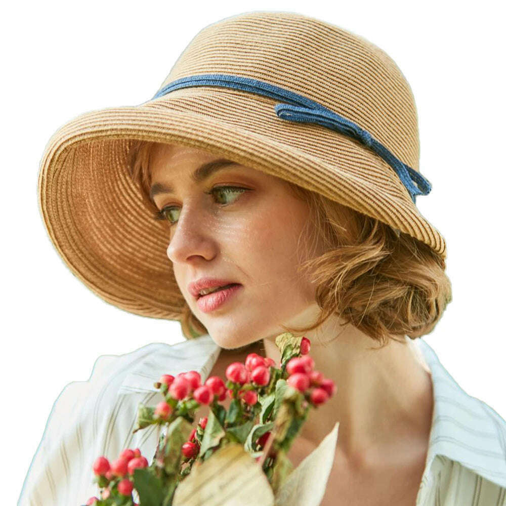 KIMLUD, FS 2023 French Straw Bonnet Cap for Women Victorian Sun Hats Chin Strap Foldable Summer Accessories Bucket Hat Fedoras For Beach, KIMLUD Womens Clothes