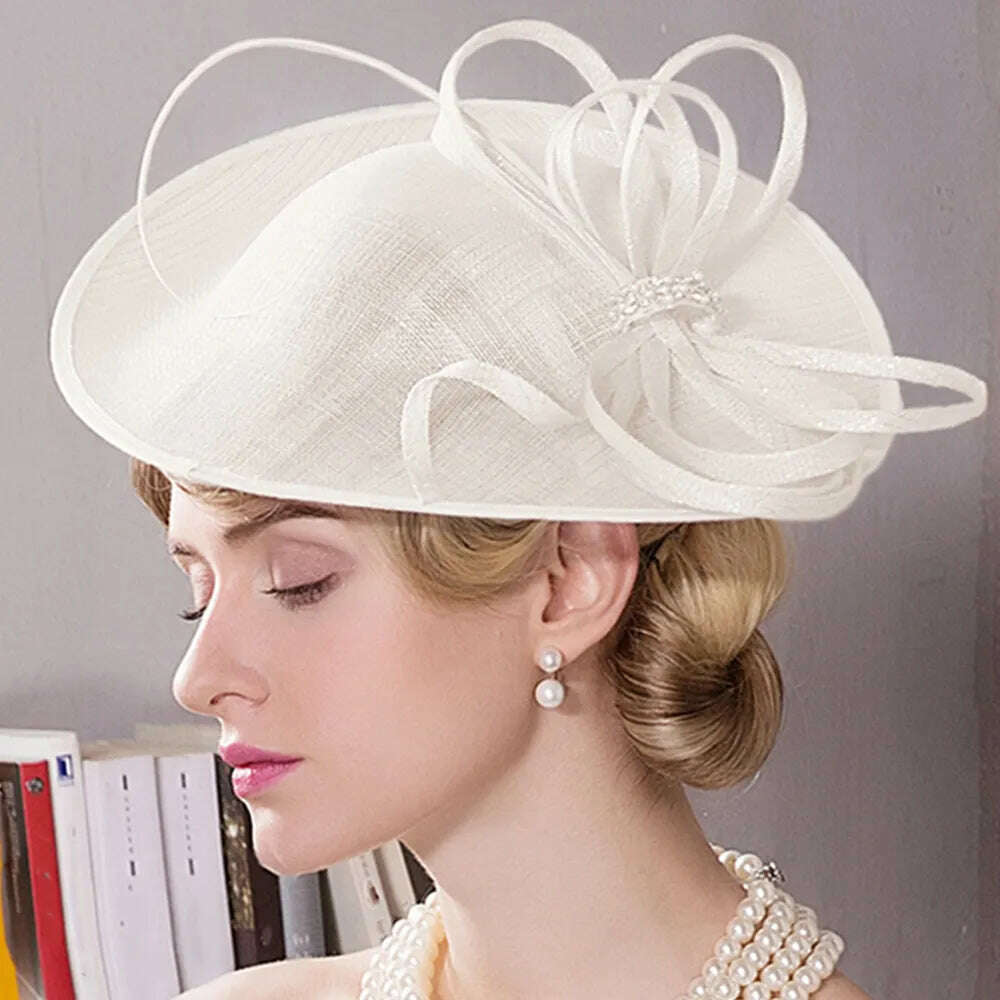 KIMLUD, FS Fascinators For Women Elegant White Linen Pillbox Hat Royal Weddings Bridal Hats Ladies Sinamay Derby Dress Cocktail Fedoras, KIMLUD Womens Clothes