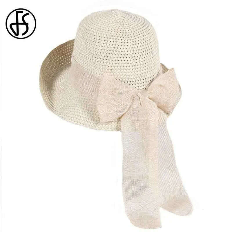 KIMLUD, FS Sun Hats For Women Floppy Wide Brim Straw Hats Foldable Sunbonnet Cloche Hat Blue Beach Style Chapeau Paille Femme, Beige White StrawHat, KIMLUD APPAREL - Womens Clothes