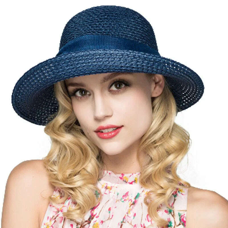 KIMLUD, FS Sun Hats For Women Floppy Wide Brim Straw Hats Foldable Sunbonnet Cloche Hat Blue Beach Style Chapeau Paille Femme, Navy Blue Straw Hat, KIMLUD APPAREL - Womens Clothes