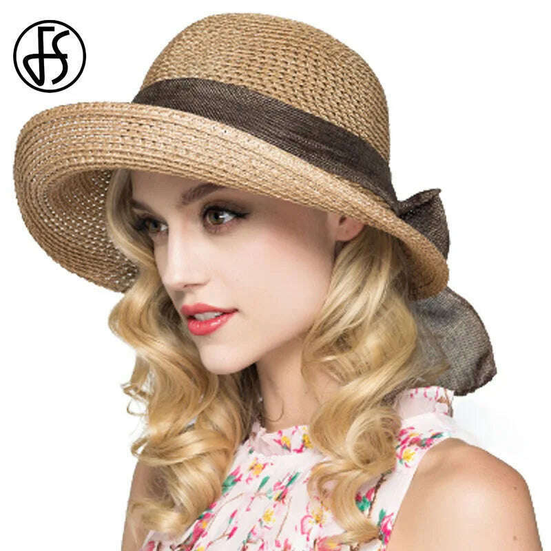 KIMLUD, FS Sun Hats For Women Floppy Wide Brim Straw Hats Foldable Sunbonnet Cloche Hat Blue Beach Style Chapeau Paille Femme, Light Brown StrawHat, KIMLUD APPAREL - Womens Clothes