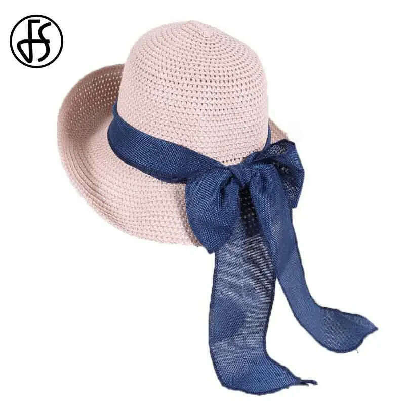 KIMLUD, FS Sun Hats For Women Floppy Wide Brim Straw Hats Foldable Sunbonnet Cloche Hat Blue Beach Style Chapeau Paille Femme, Pink Straw Hat, KIMLUD APPAREL - Womens Clothes