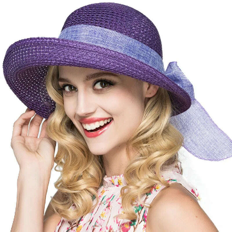 KIMLUD, FS Sun Hats For Women Floppy Wide Brim Straw Hats Foldable Sunbonnet Cloche Hat Blue Beach Style Chapeau Paille Femme, Purple Straw Hat, KIMLUD APPAREL - Womens Clothes