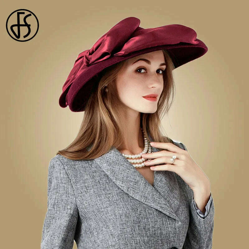 FS Women Black Hat Large Wide Brim Wool Felt Fedoras Hats Winter Church Hat For Wedding Bowler Cloche Hats Derby Sombrero Mujer - KIMLUD