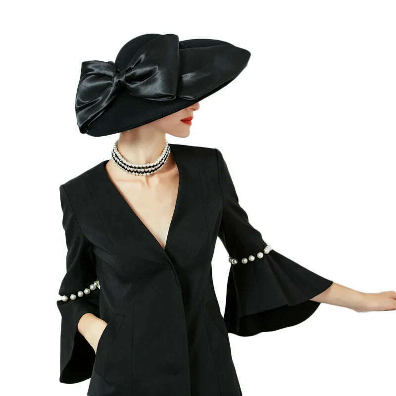 FS Women Black Hat Large Wide Brim Wool Felt Fedoras Hats Winter Church Hat For Wedding Bowler Cloche Hats Derby Sombrero Mujer - KIMLUD