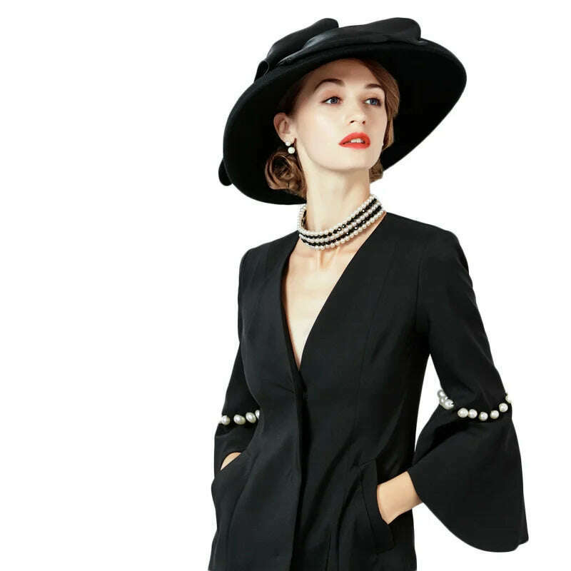 FS Women Black Hat Large Wide Brim Wool Felt Fedoras Hats Winter Church Hat For Wedding Bowler Cloche Hats Derby Sombrero Mujer - KIMLUD