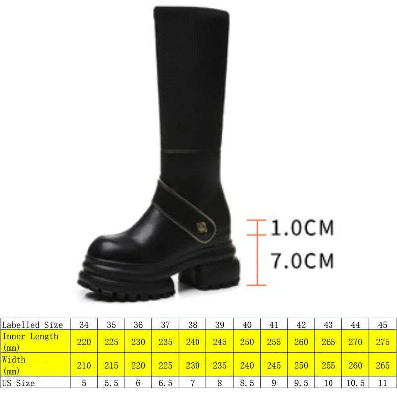 KIMLUD, Fujin 8cm New Sock Genuine Leather Stretch Fabric Booties Block Knee High Boots Women Platform Wedge Fashion Autumn Spring Shoes, KIMLUD Womens Clothes