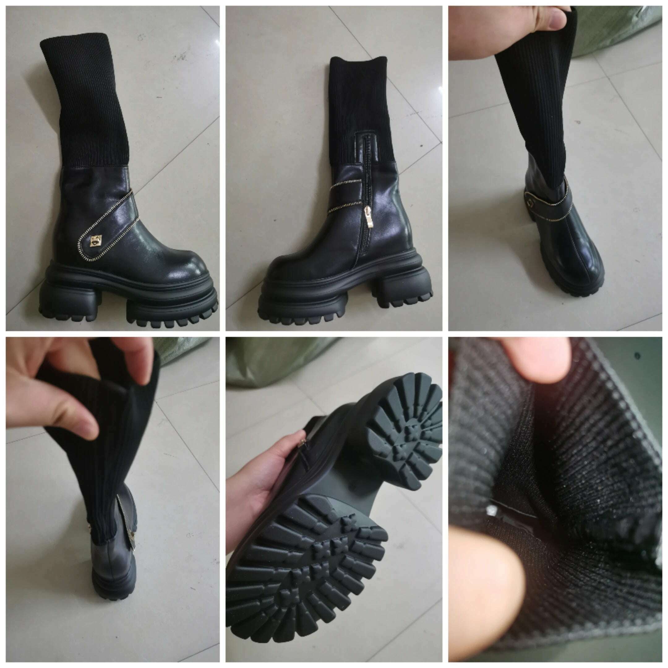 KIMLUD, Fujin 8cm New Sock Genuine Leather Stretch Fabric Booties Block Knee High Boots Women Platform Wedge Fashion Autumn Spring Shoes, KIMLUD Womens Clothes