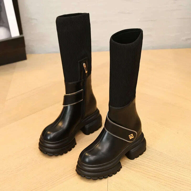 KIMLUD, Fujin 8cm New Sock Genuine Leather Stretch Fabric Booties Block Knee High Boots Women Platform Wedge Fashion Autumn Spring Shoes, KIMLUD Womens ClothesKIMLUD, Fujin 8cm New Sock Genuine Leather Stretch Fabric Booties Block Knee High Boots Women Platform Wedge Fashion Autumn Spring Shoes, black / 34, KIMLUD APPAREL - Womens Clothes