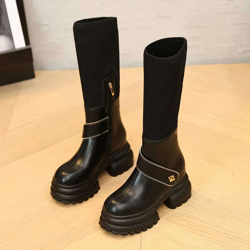 KIMLUD, Fujin 8cm New Sock Genuine Leather Stretch Fabric Booties Block Knee High Boots Women Platform Wedge Fashion Autumn Spring Shoes, KIMLUD Womens Clothes