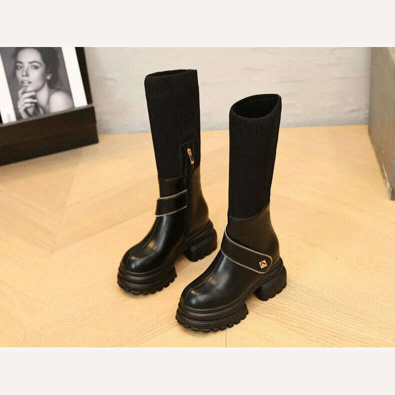 KIMLUD, Fujin 8cm New Sock Genuine Leather Stretch Fabric Booties Block Knee High Boots Women Platform Wedge Fashion Autumn Spring Shoes, KIMLUD Womens Clothes