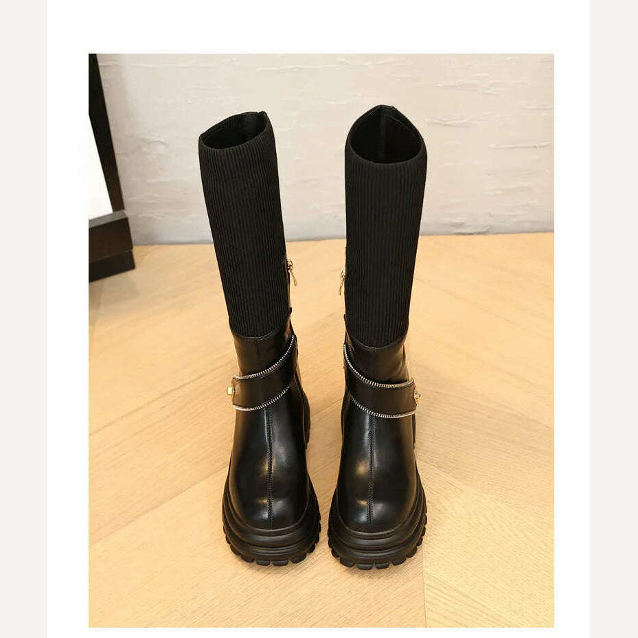 KIMLUD, Fujin 8cm New Sock Genuine Leather Stretch Fabric Booties Block Knee High Boots Women Platform Wedge Fashion Autumn Spring Shoes, KIMLUD Womens Clothes