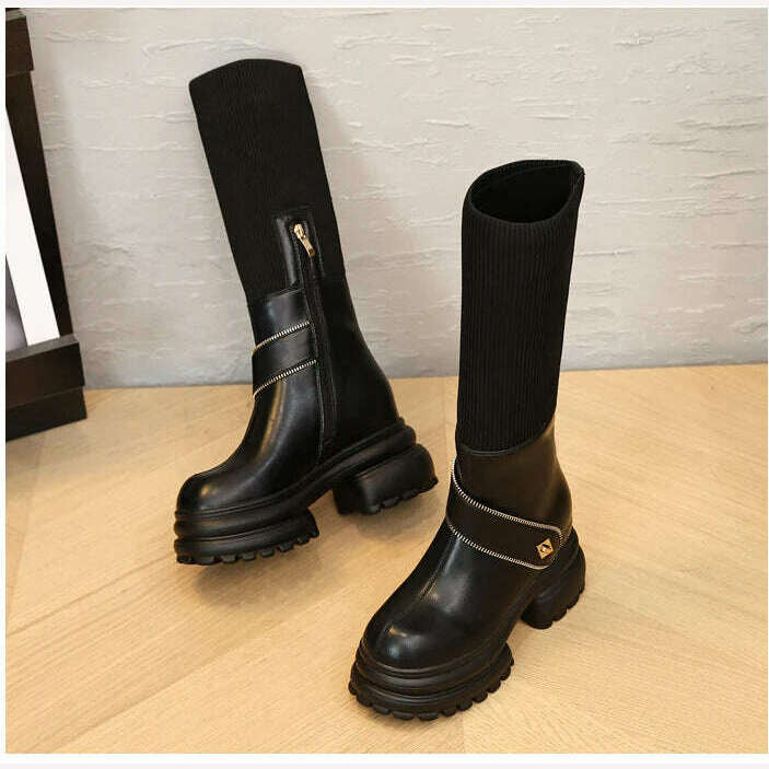 KIMLUD, Fujin 8cm New Sock Genuine Leather Stretch Fabric Booties Block Knee High Boots Women Platform Wedge Fashion Autumn Spring Shoes, KIMLUD Womens Clothes