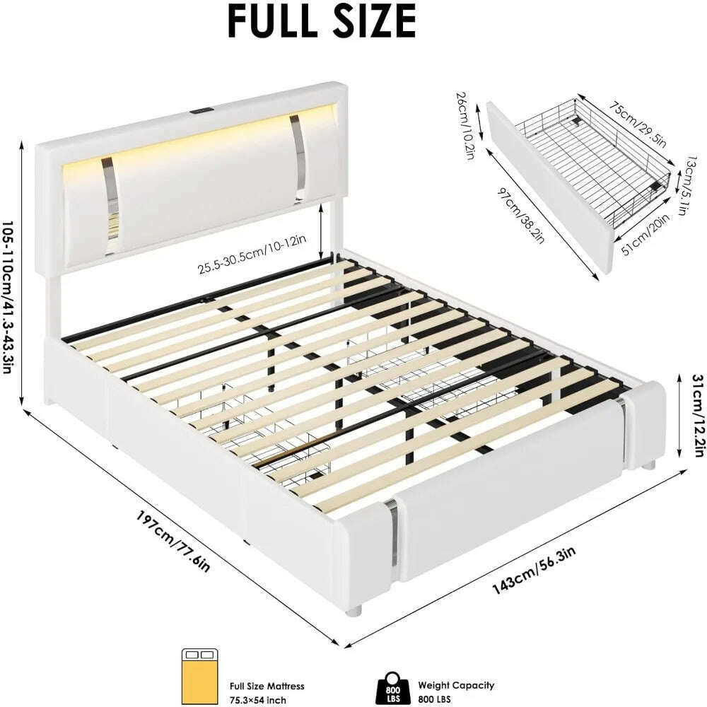 KIMLUD, full size bed frame, Headboard with RGB LED lights and 2 storage drawers, Modern Upholstered Faux Leather Smart Platform Bed, KIMLUD Womens Clothes