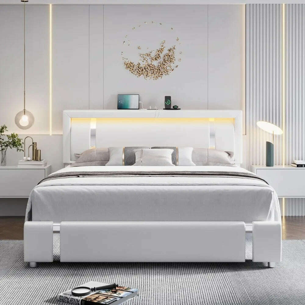 KIMLUD, full size bed frame, Headboard with RGB LED lights and 2 storage drawers, Modern Upholstered Faux Leather Smart Platform Bed, KIMLUD Womens Clothes
