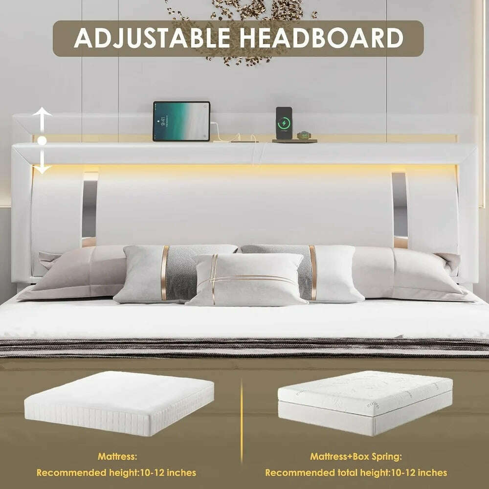 KIMLUD, full size bed frame, Headboard with RGB LED lights and 2 storage drawers, Modern Upholstered Faux Leather Smart Platform Bed, KIMLUD Womens Clothes