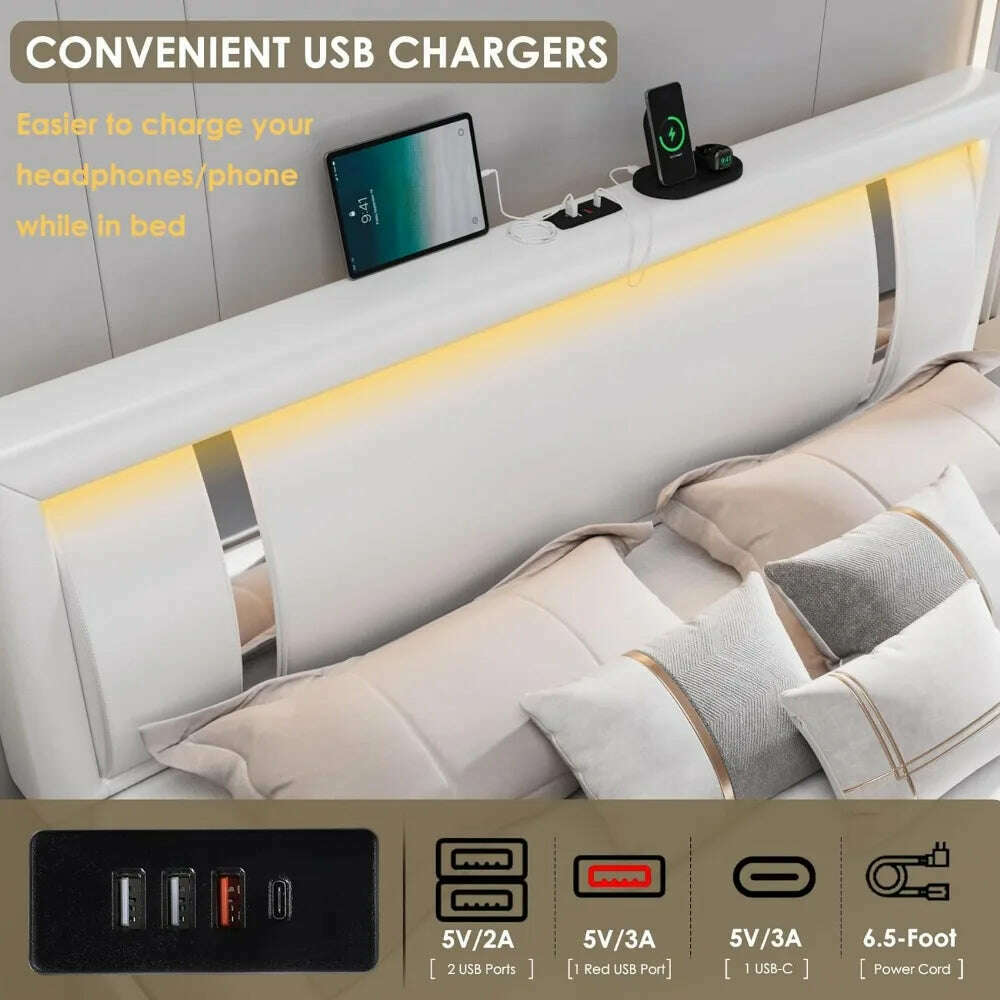 KIMLUD, full size bed frame, Headboard with RGB LED lights and 2 storage drawers, Modern Upholstered Faux Leather Smart Platform Bed, KIMLUD Womens Clothes