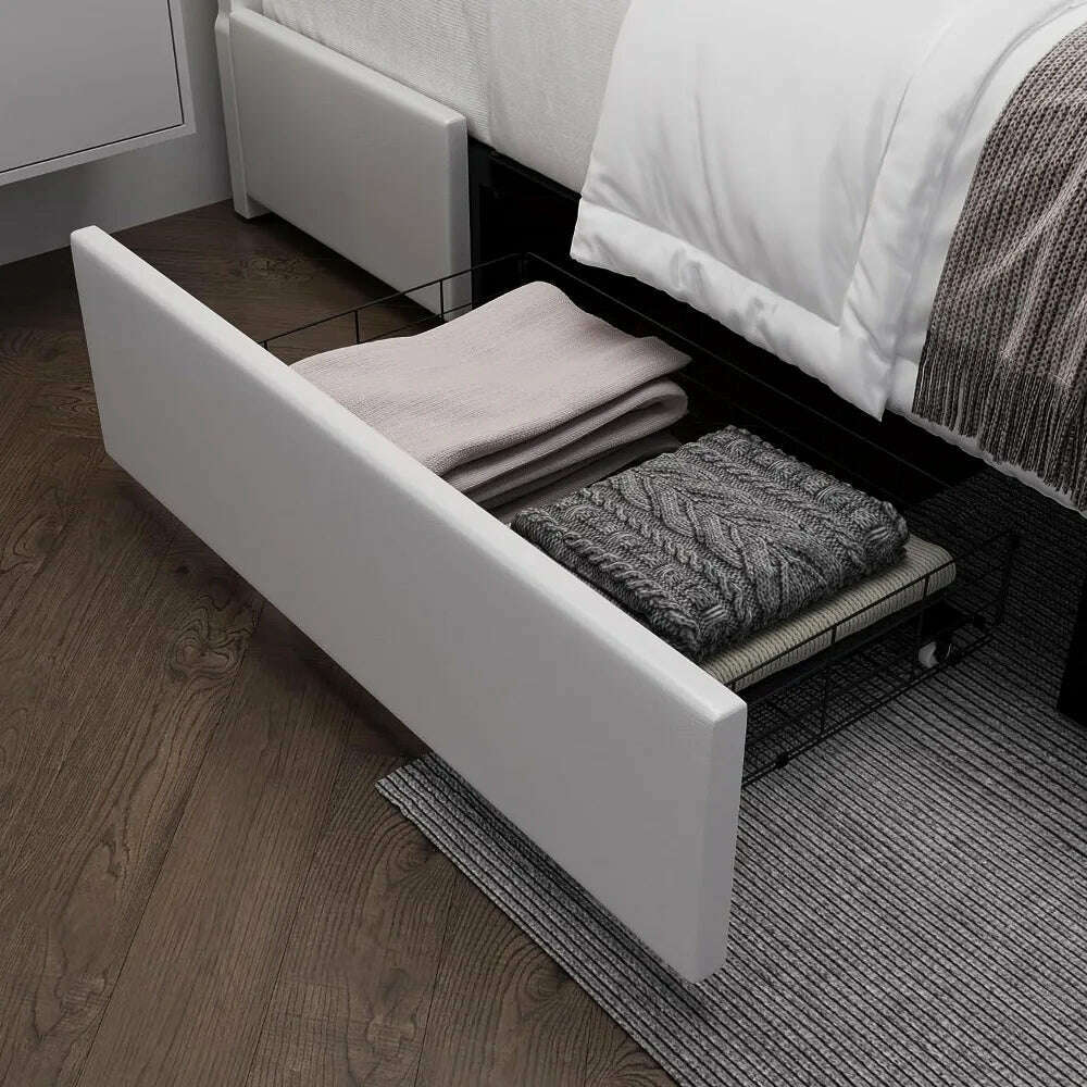 KIMLUD, full size bed frame, Headboard with RGB LED lights and 2 storage drawers, Modern Upholstered Faux Leather Smart Platform Bed, KIMLUD Womens Clothes