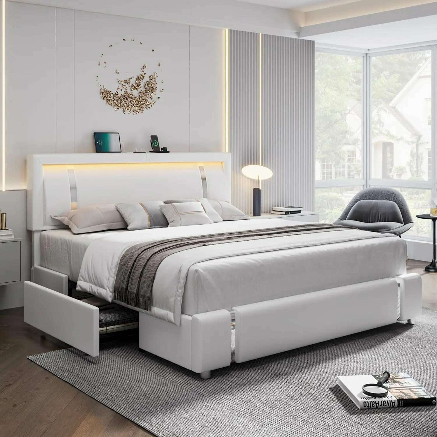 KIMLUD, full size bed frame, Headboard with RGB LED lights and 2 storage drawers, Modern Upholstered Faux Leather Smart Platform Bed, White / Queen / United States, KIMLUD APPAREL - Womens Clothes