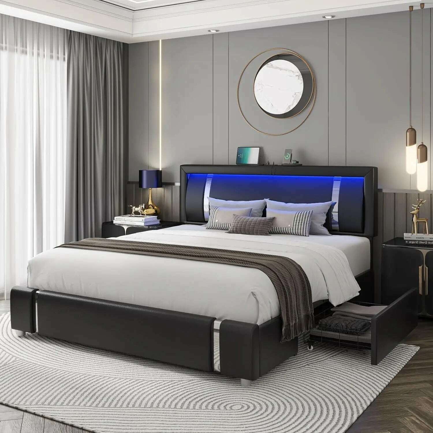 KIMLUD, full size bed frame, Headboard with RGB LED lights and 2 storage drawers, Modern Upholstered Faux Leather Smart Platform Bed, Black / King / United States, KIMLUD APPAREL - Womens Clothes