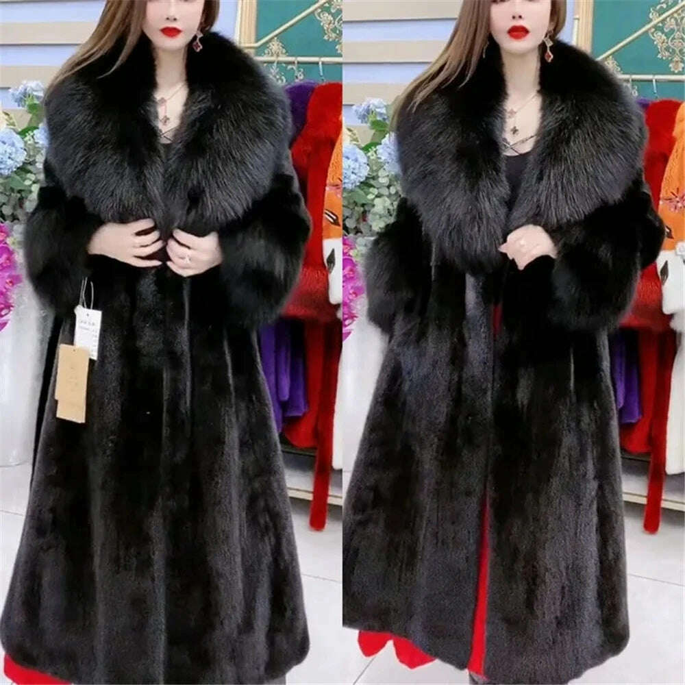 KIMLUD, Fur coat Leopard coat goddess imitation fox fur collar long cotton-padded jacket sexy mink coat women's winter jacket, black / M, KIMLUD APPAREL - Womens Clothes