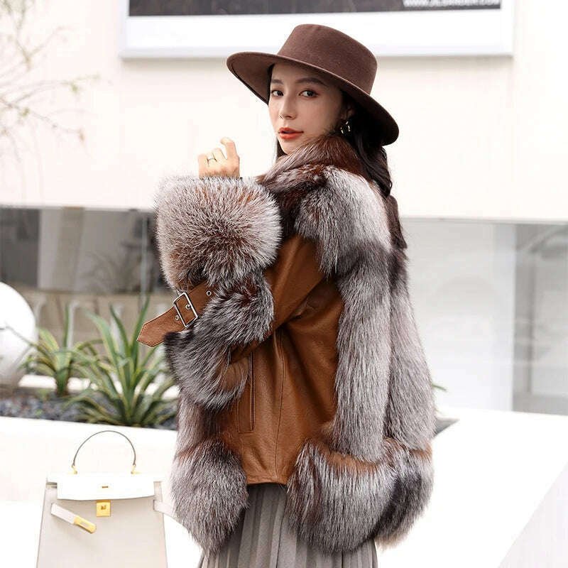 KIMLUD, Fur Lover Women Gorgeous Real Silver Fox Fur Jacket Super Luxury Genuine Sheep Leather Coat With Fox Fur Bigger Collar, KIMLUD Womens Clothes