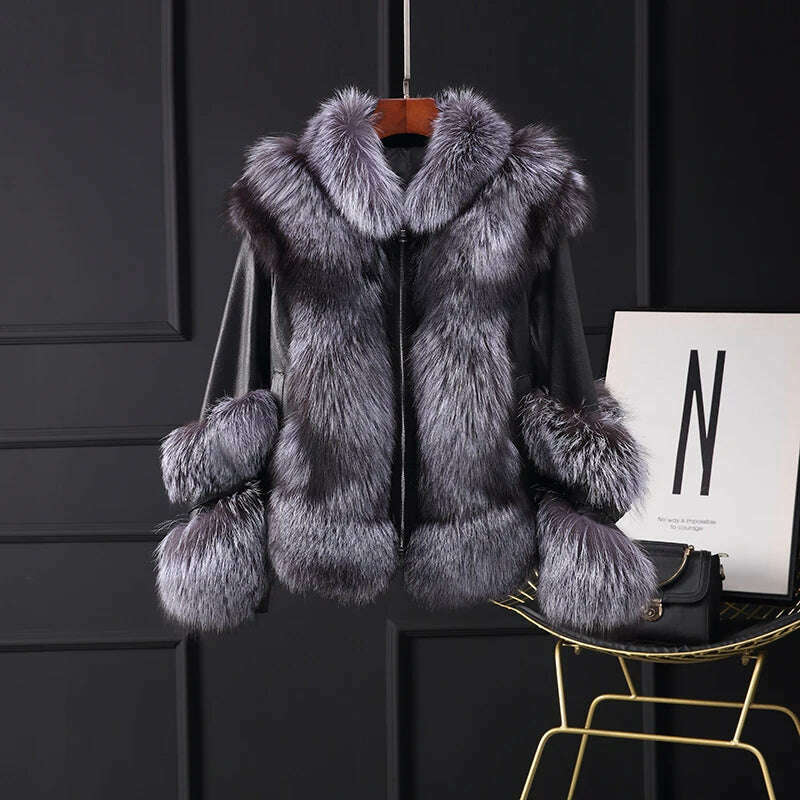 KIMLUD, Fur Lover Women Gorgeous Real Silver Fox Fur Jacket Super Luxury Genuine Sheep Leather Coat With Fox Fur Bigger Collar, KIMLUD Womens ClothesKIMLUD, Fur Lover Women Gorgeous Real Silver Fox Fur Jacket Super Luxury Genuine Sheep Leather Coat With Fox Fur Bigger Collar, Silver Fox / S / CHINA, KIMLUD APPAREL - Womens Clothes