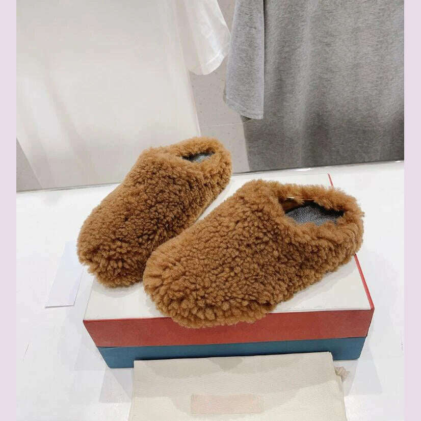 KIMLUD, Fur Slipper Shoes Women Top Quality Black Yellow Plush Warm All Match Cute Girls Luxury Slides Slip on Daily Casual Dress Shoe, Chocolate / 35, KIMLUD APPAREL - Womens Clothes