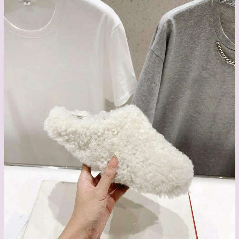 KIMLUD, Fur Slipper Shoes Women Top Quality Black Yellow Plush Warm All Match Cute Girls Luxury Slides Slip on Daily Casual Dress Shoe, WHITE / 35, KIMLUD APPAREL - Womens Clothes