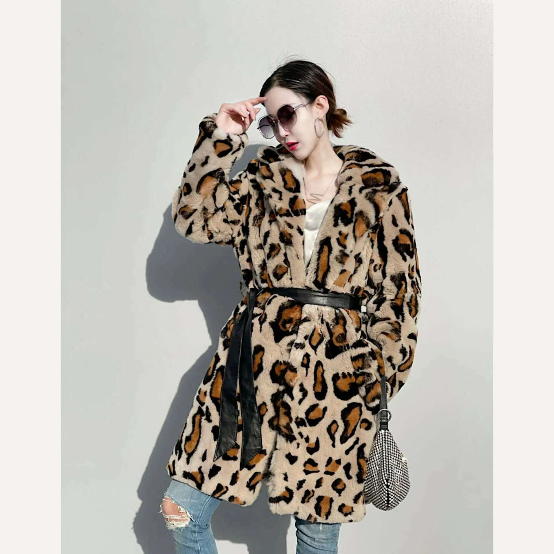KIMLUD, FURYOUME New Winter Women Natural Rabbit Fur Coat Long Leopard Pattern Suit Collar Leather Belt Fashion Real Rabbit Fur Jacket, KIMLUD Womens Clothes