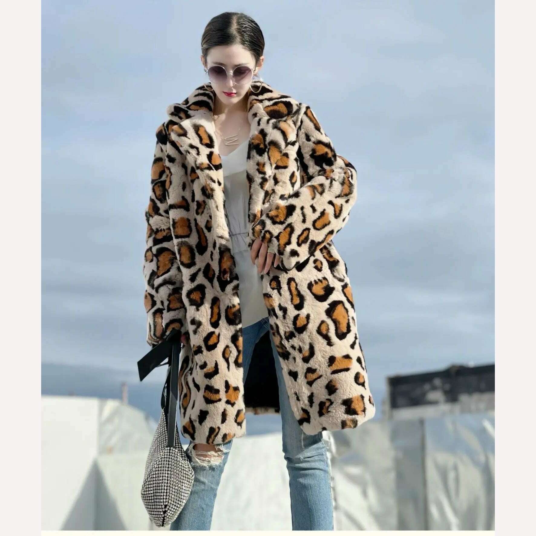 KIMLUD, FURYOUME New Winter Women Natural Rabbit Fur Coat Long Leopard Pattern Suit Collar Leather Belt Fashion Real Rabbit Fur Jacket, KIMLUD Womens Clothes