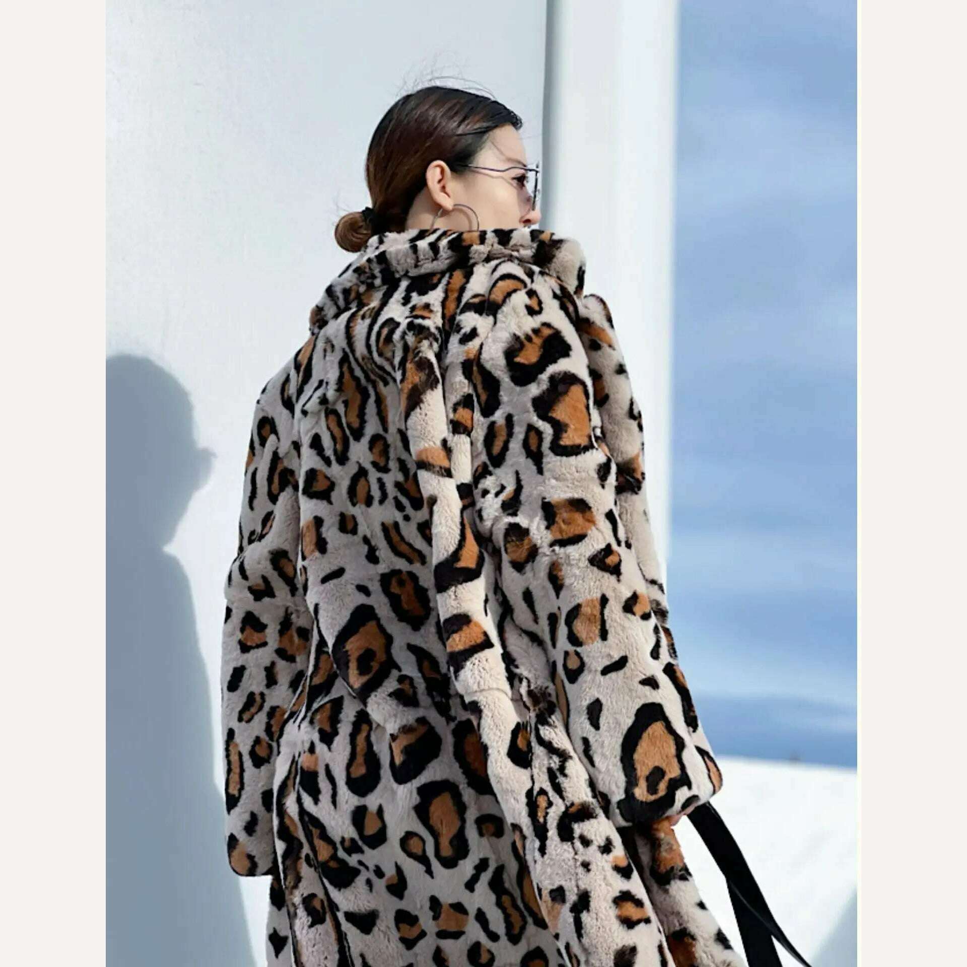 KIMLUD, FURYOUME New Winter Women Natural Rabbit Fur Coat Long Leopard Pattern Suit Collar Leather Belt Fashion Real Rabbit Fur Jacket, KIMLUD Womens Clothes