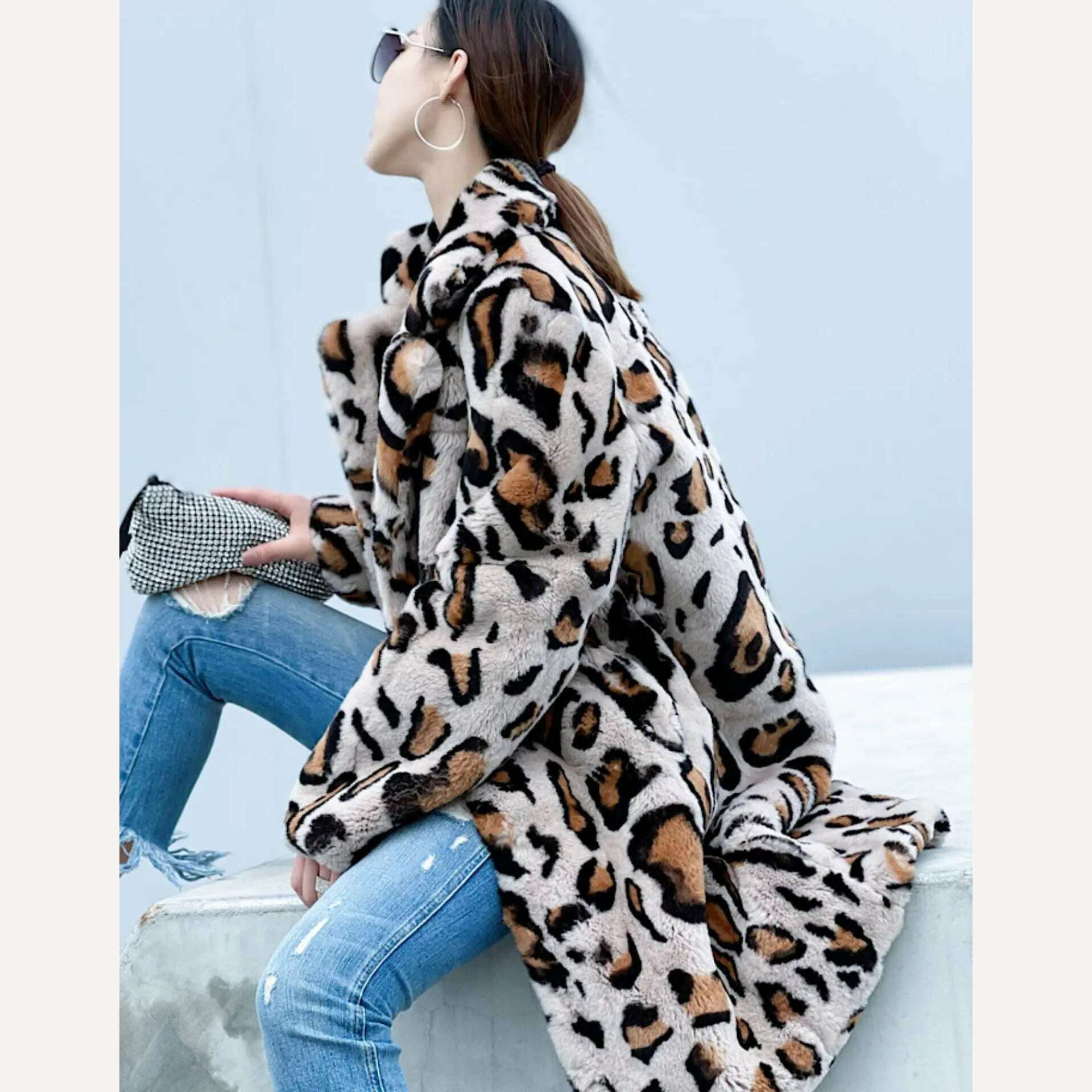 KIMLUD, FURYOUME New Winter Women Natural Rabbit Fur Coat Long Leopard Pattern Suit Collar Leather Belt Fashion Real Rabbit Fur Jacket, KIMLUD Womens Clothes