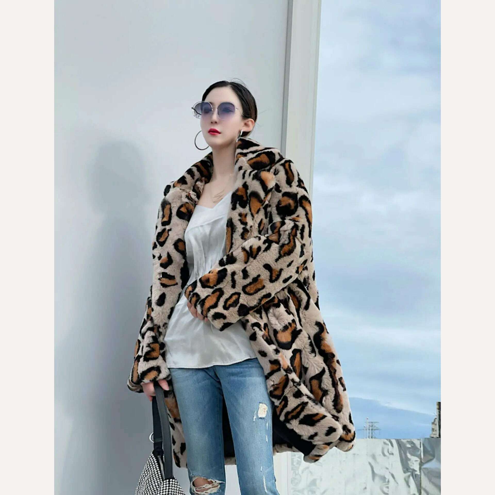 KIMLUD, FURYOUME New Winter Women Natural Rabbit Fur Coat Long Leopard Pattern Suit Collar Leather Belt Fashion Real Rabbit Fur Jacket, KIMLUD Womens Clothes