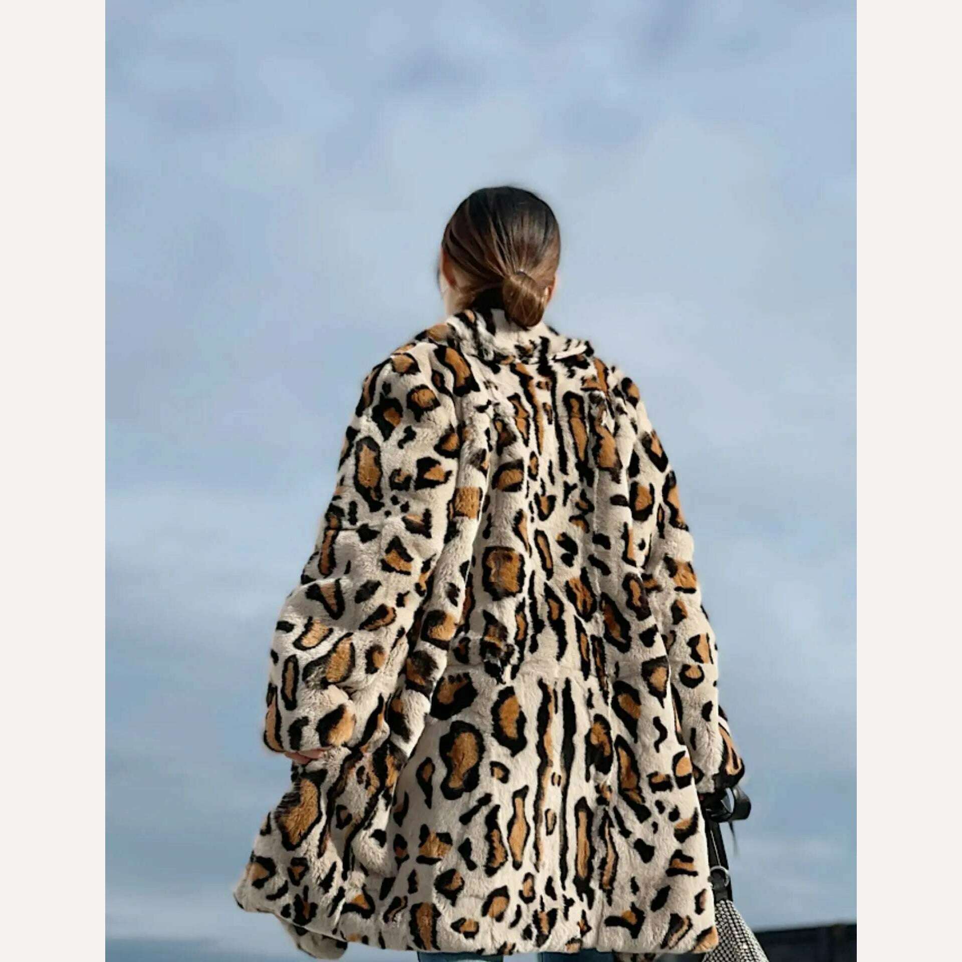 KIMLUD, FURYOUME New Winter Women Natural Rabbit Fur Coat Long Leopard Pattern Suit Collar Leather Belt Fashion Real Rabbit Fur Jacket, KIMLUD Womens Clothes