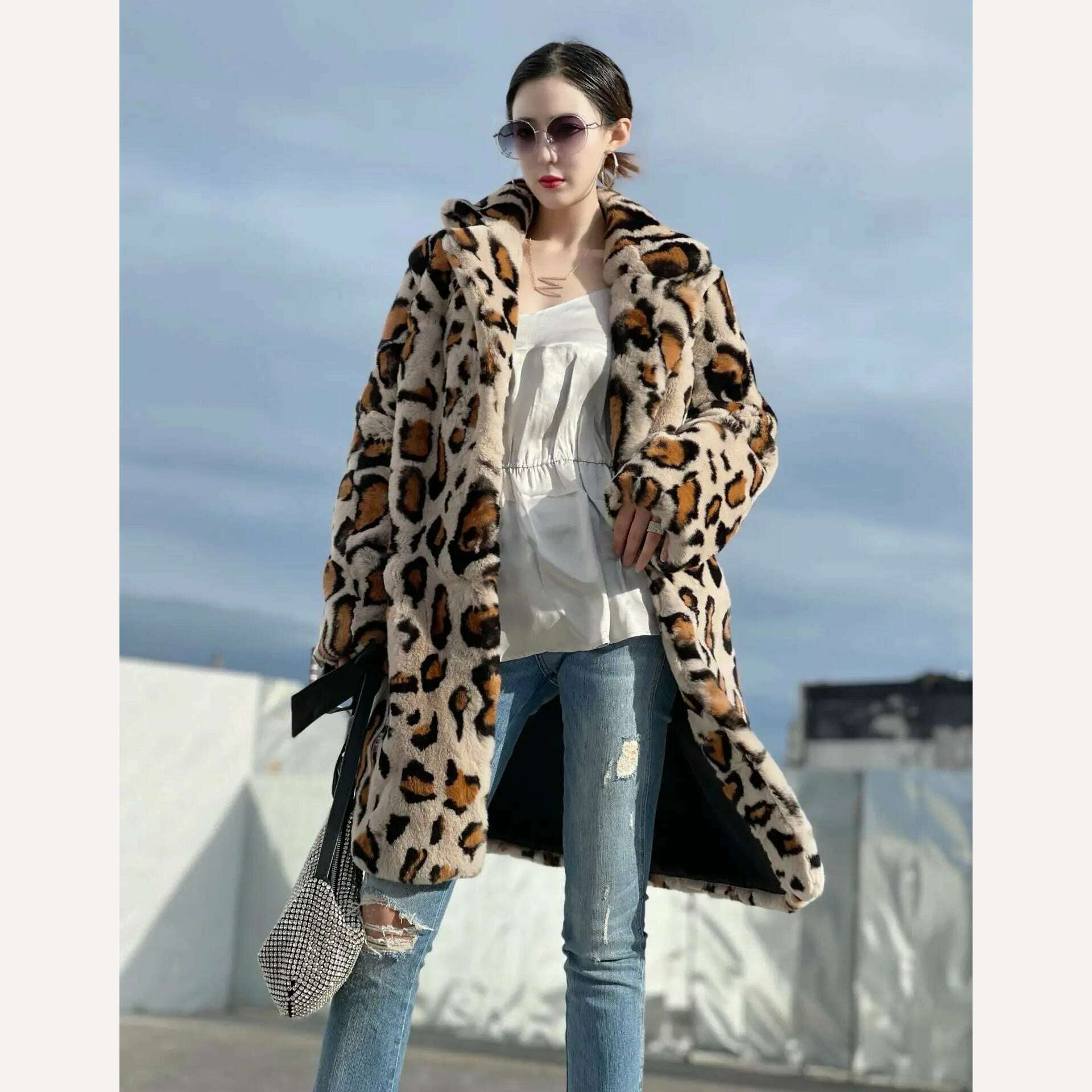 KIMLUD, FURYOUME New Winter Women Natural Rabbit Fur Coat Long Leopard Pattern Suit Collar Leather Belt Fashion Real Rabbit Fur Jacket, KIMLUD Womens Clothes