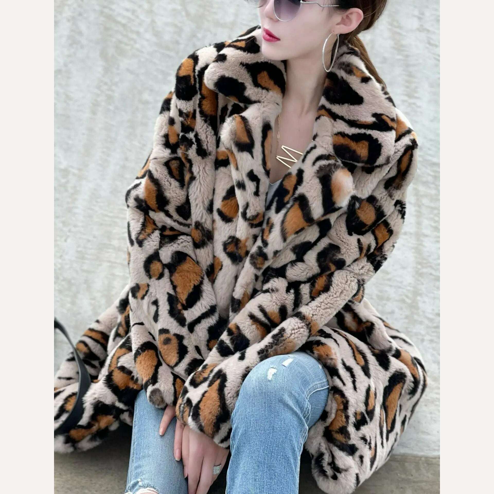 KIMLUD, FURYOUME New Winter Women Natural Rabbit Fur Coat Long Leopard Pattern Suit Collar Leather Belt Fashion Real Rabbit Fur Jacket, KIMLUD Womens Clothes