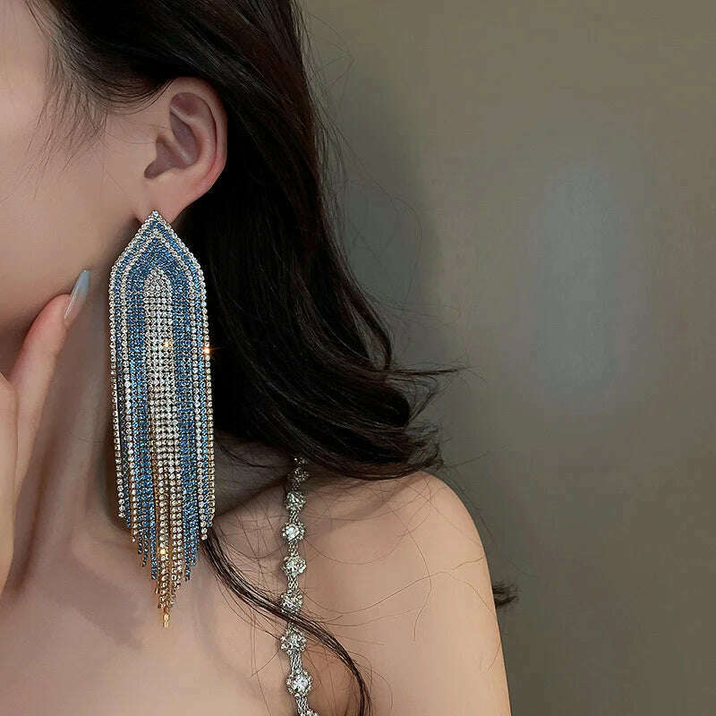 KIMLUD, FYUAN Fashion Blue Silver Color Full Rhinestone Drop Earrings Oversize Long Tassel Crystal Earrings for Women Statement Jewelry, KIMLUD Womens Clothes